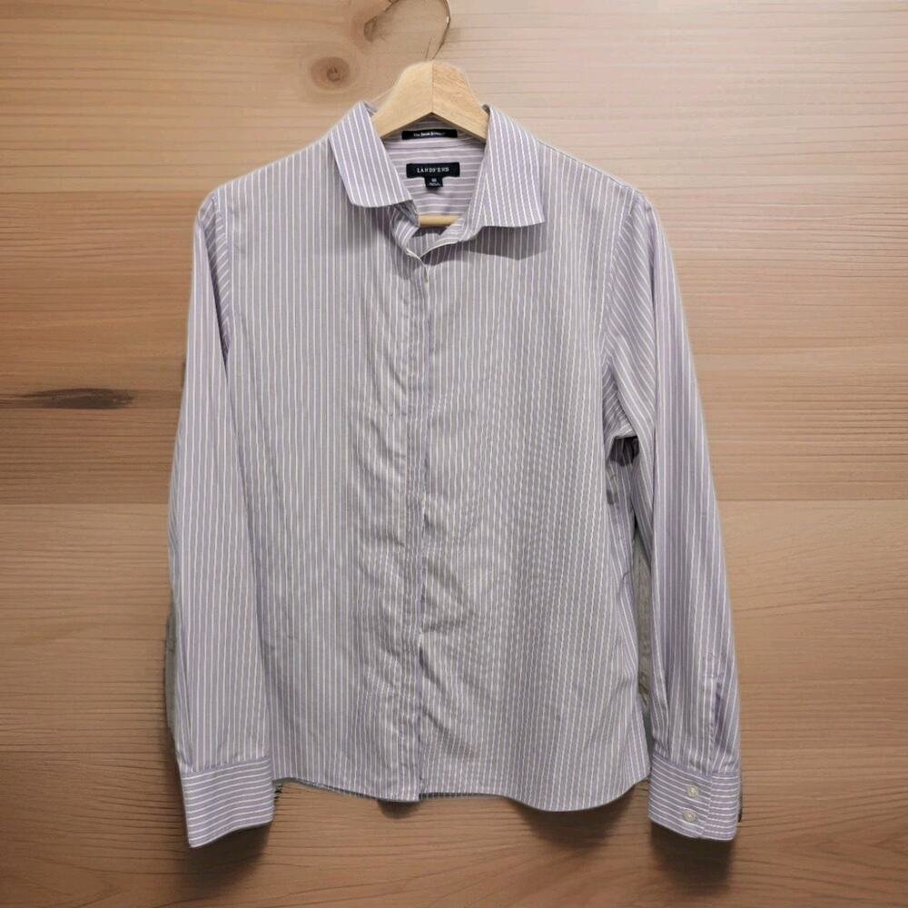 Lands' End Non-Iron Lavender Striped Half Hidden Button Up Supima Blouse 10